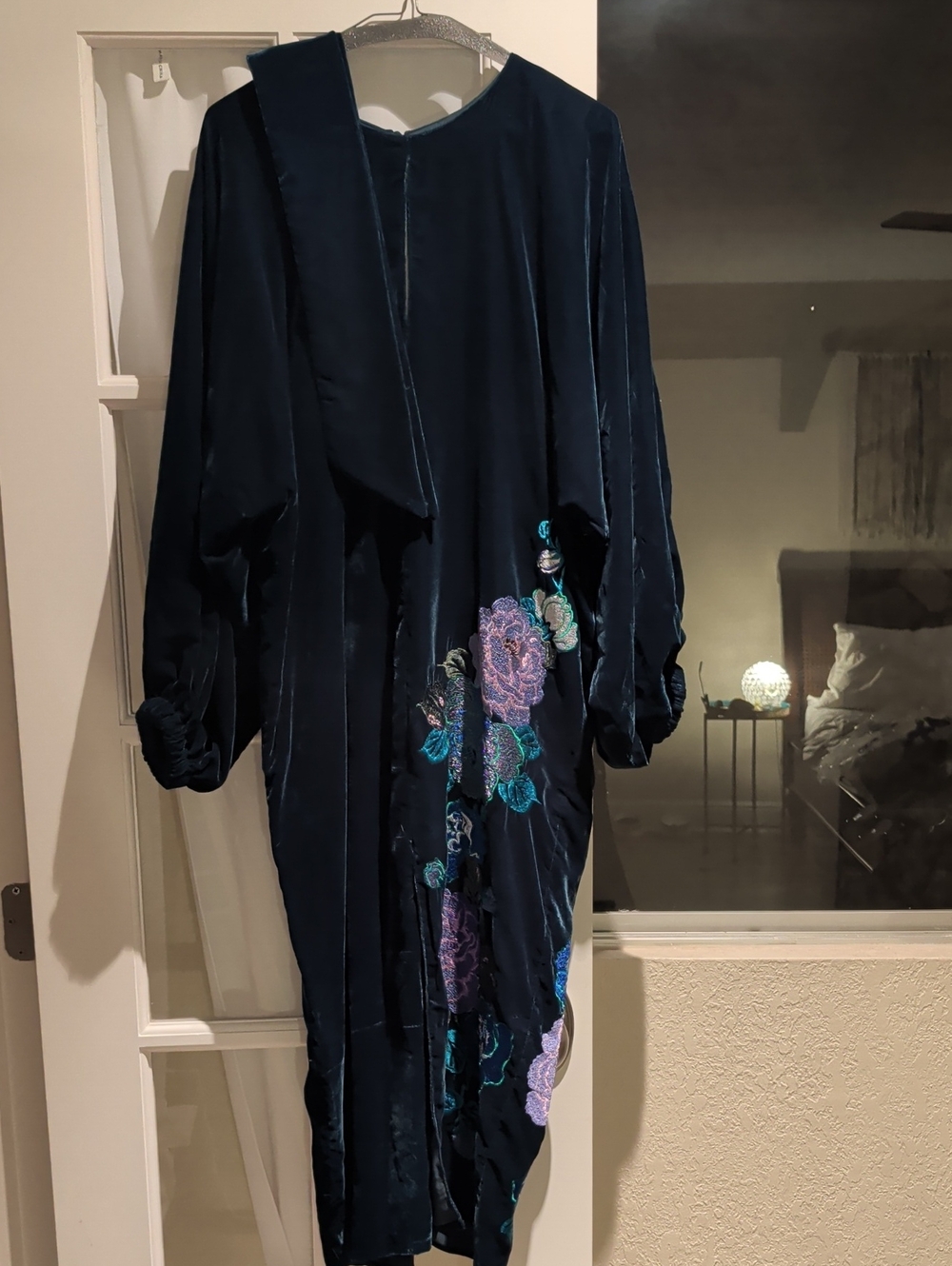 ASOS Dark Teal Velvet Embroidered Floral Dress
